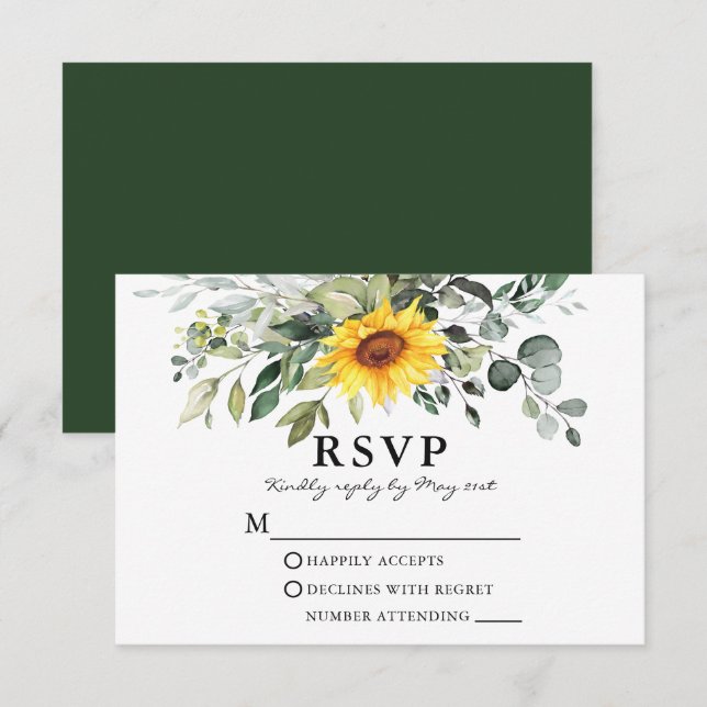 Watercolor Botanical Greenery Wedding Sunflower  RSVP Card (Front/Back)
