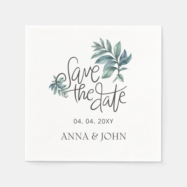 Watercolor Botanical Handwritten Save The Date Napkin (Front)