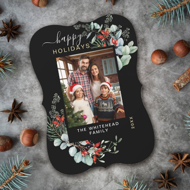 Watercolor Botanical Happy Holiday Photo Black Card (You will love these beautiful Christmas cards! They feature botanical watercolor pine and berries.)