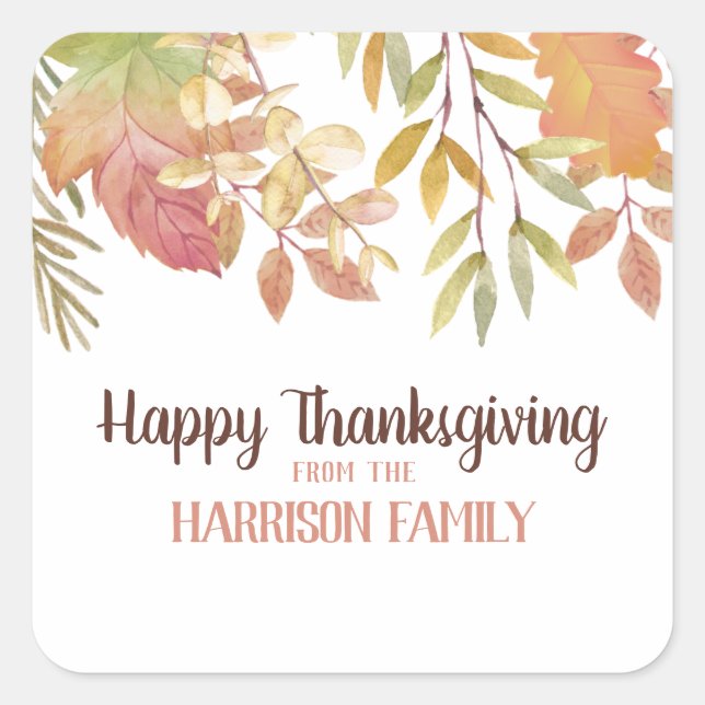 Watercolor Botanical Happy Thanksgiving Square Sticker (Front)