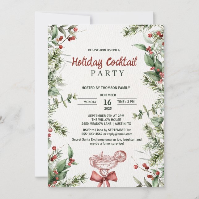 Watercolor Botanical Holiday Cocktail Party Invitation (Front)