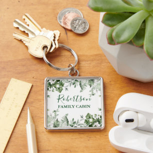 Watercolor Botanical Ivy Ferns Sage Family Cabin Key Ring