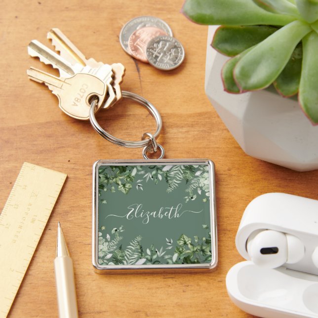 Watercolor Botanical Ivy Ferns Sage Green Key Ring (Desk)