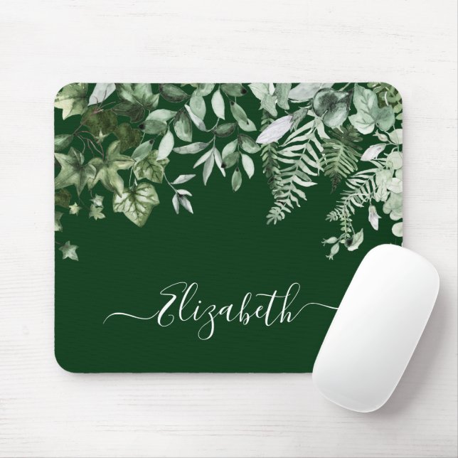 Watercolor Botanical Ivy Sage Ferns Green Mouse Pad (With Mouse)