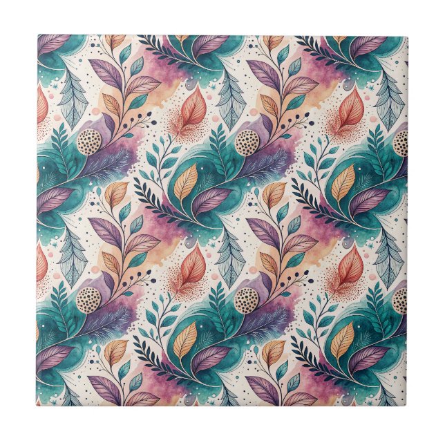 Watercolor Botanical Leaf Fluid Floral Art Pattern Tile (Front)