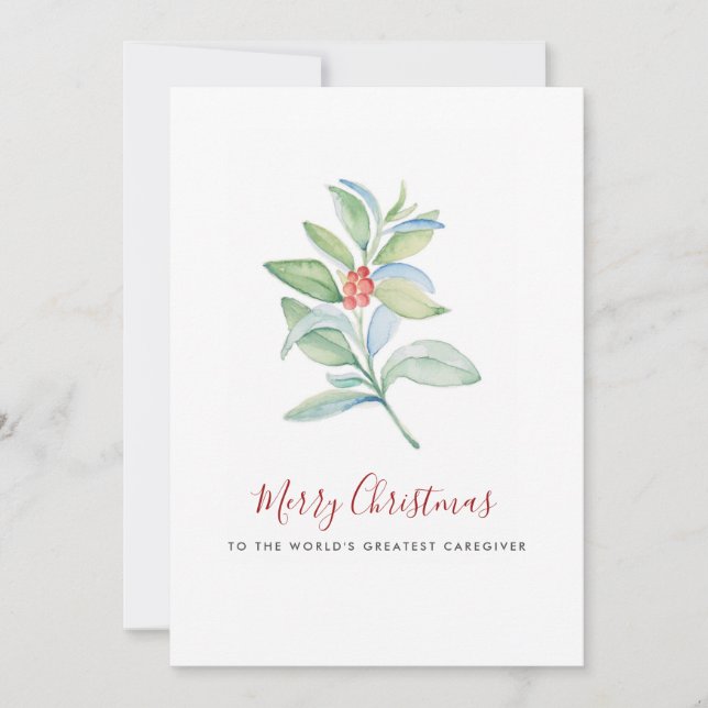 Watercolor Botanical Leaves and Berries Caregiver Holiday Card (Front)