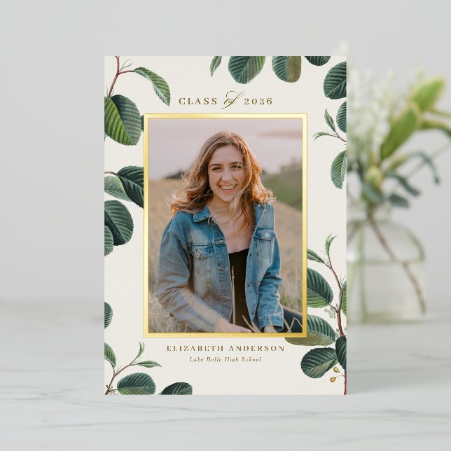 Watercolor Botanical Leaves Beige Photo Graduation (Standing Front)