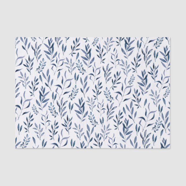 Watercolor Botanical Leaves Blue Tissue Paper (Front)