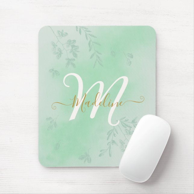 Watercolor Botanical Leaves Foliage Green Monogram Mouse Pad (With Mouse)