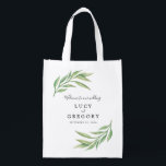 Watercolor Botanical Leaves Wedding Guest Welcome Reusable Grocery Bag<br><div class="desc">This Botanical themed wedding guest favour bag features original hand painted watercolor of laurel leaves in opposite corners. You can use this gift bag to give to your travelling guests and fill with fun little gifts. Customise with your names and wedding date. Colours are in different shades of greens. For...</div>