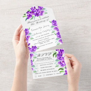 Watercolor Botanical Lilac Purple Floral Wedding All In One Invitation
