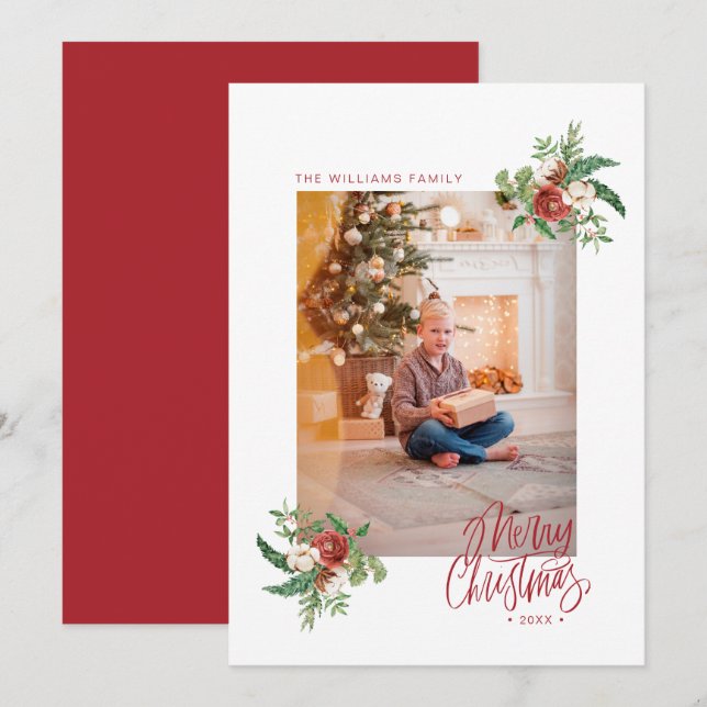 Watercolor Botanical Merry Christmas Photo Holiday (Front/Back)