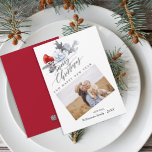 Watercolor Botanical Merry Christmas Photo  Holiday Card