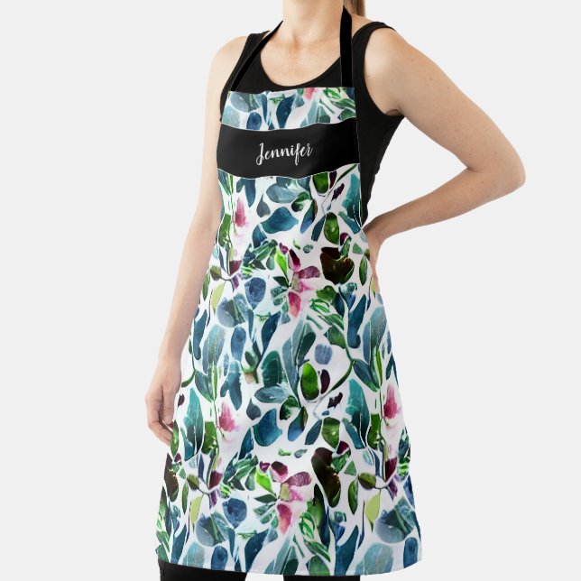 Watercolor botanical monogram name Kitchen Apron (Insitu)