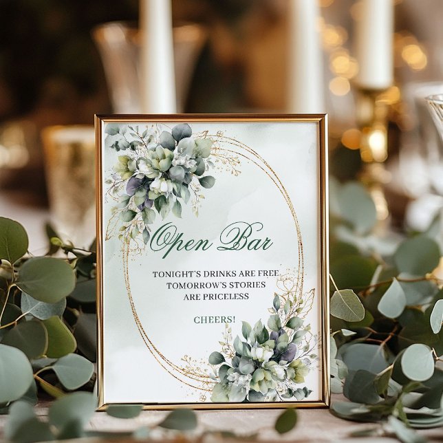 Watercolor Botanical Open Bar Sign Sage Green (Watercolor Botanical Open Bar Sign Sage Green)