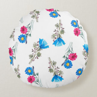 Watercolor botanical pattern of bright pink spring round cushion