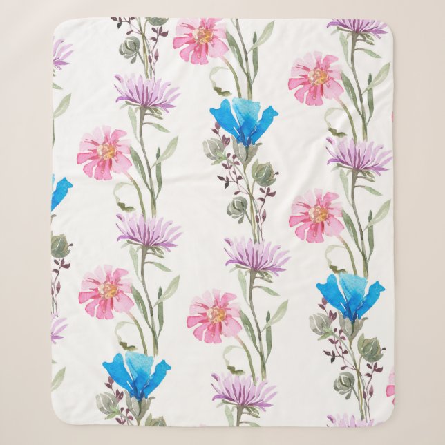 Watercolor botanical pattern sherpa blanket (Front)