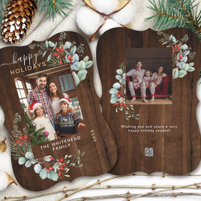 Watercolor Botanical Photo Dark Wood Holiday Card (You will love these beautiful Christmas cards! They feature botanical watercolor pine and berries.)