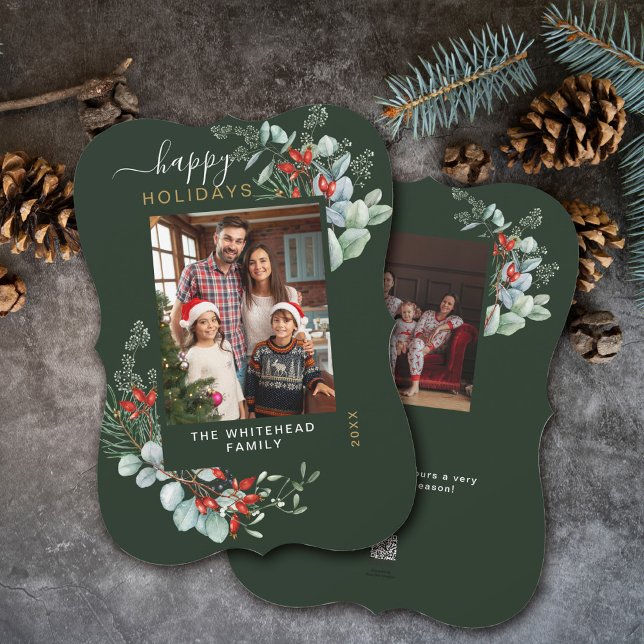 Watercolor Botanical Photo Forest Green Holiday Card (You will love these beautiful Christmas cards! They feature botanical watercolor pine and berries.)