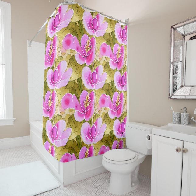 Watercolor Botanical Pink and Gold Flower  Shower Curtain (In Situ)