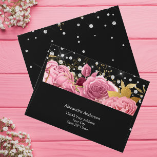 Watercolor Botanical Pink Flowers Diamonds Glitter Envelope