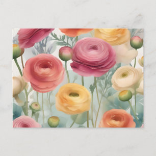 Watercolor Botanical Ranunculus Floral Pattern Postcard