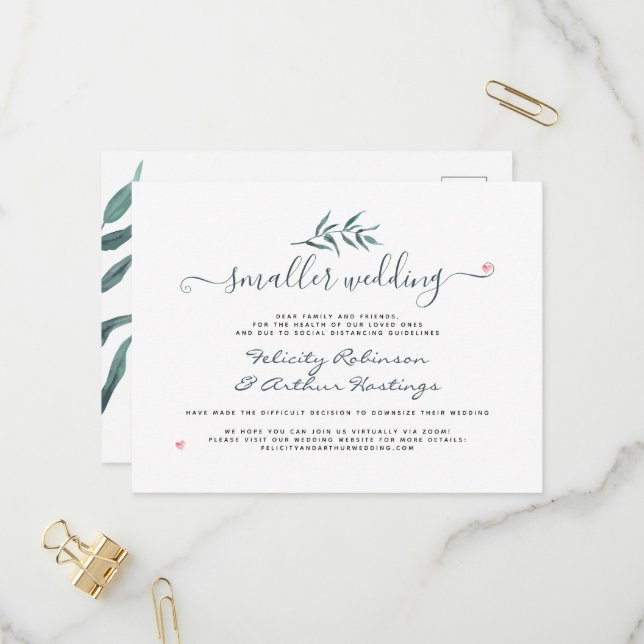 Watercolor Botanical Smaller Wedding Script Update Invitation Postcard (Front/Back In Situ)