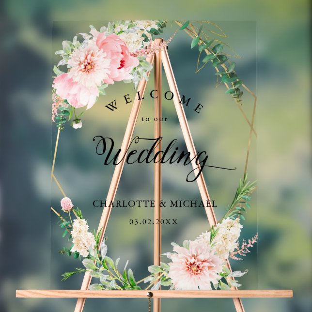 Watercolor Botanical Spring Geometric Wedding  Acrylic Sign (Neutral)