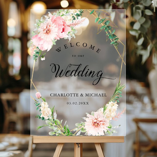 Watercolor Botanical Spring Geometric Wedding  Acrylic Sign (Personalized Watercolor Botanical Spring Geometric Wedding Acrylic Sign with your names and date.)