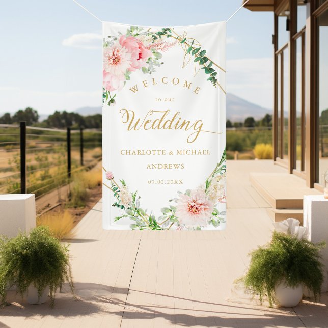 Watercolor Botanical Spring Geometric Wedding  Banner (Watercolor Botanical Spring Geometric Wedding Banner with your Name & Date.)