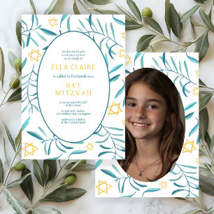 Watercolor Botanical Star Bar Bat Mitzvah Photo Invitation