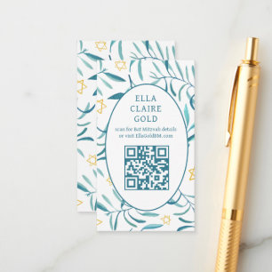 Watercolor Botanical Star David Bar Bat Mitzvah QR Enclosure Card