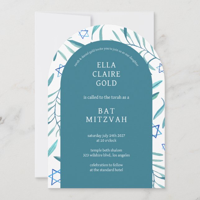Watercolor Botanical Star of David Bar Bat Mitzvah Invitation (Front)