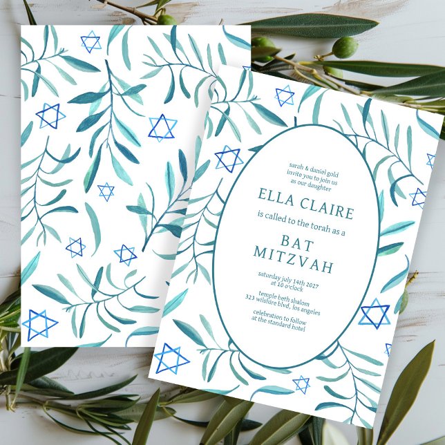 Watercolor Botanical Star of David Bar Bat Mitzvah Invitation (Watercolor Botanical Olive leaves Star of David Bar Bat Mitzvah CUSTOM Elegant Chic  Invitation
)