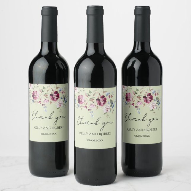Watercolor Botanical Thank You  Wine Label (Bottles)