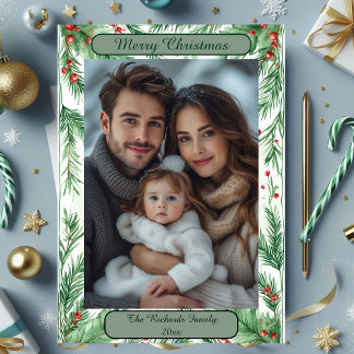 Watercolor Botanical Vintage Green Christmas Photo Holiday Card