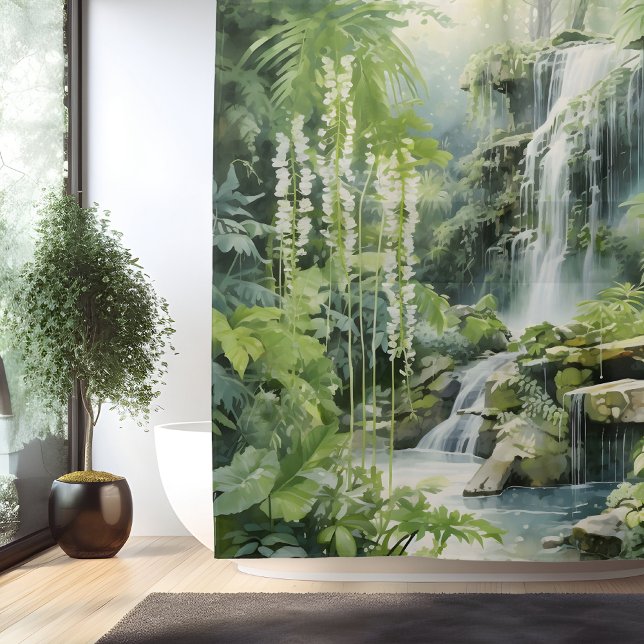 Watercolor Botanical Waterfall Oasis Shower Curtain (Creator Uploaded)