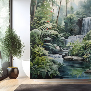 Watercolor Botanical Waterfall Oasis Shower Curtain
