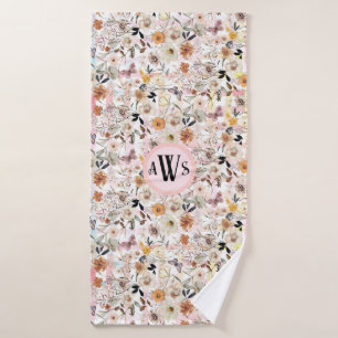 Watercolor Botanical Wildflower Butterfly Initials Bath Towel Set
