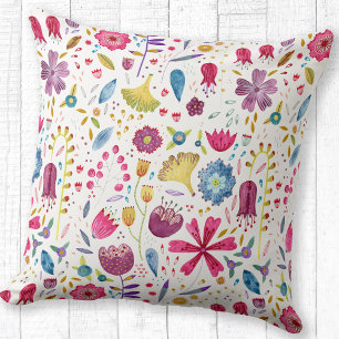 Watercolor Botanical Wildflower Hedgerow Painting Cushion