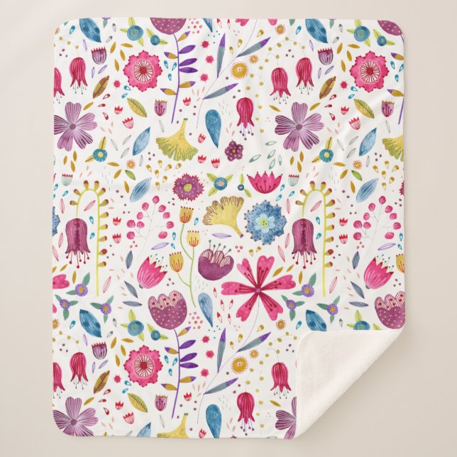 Watercolor Botanical Wildflower Hedgerow Painting Sherpa Blanket (Front)