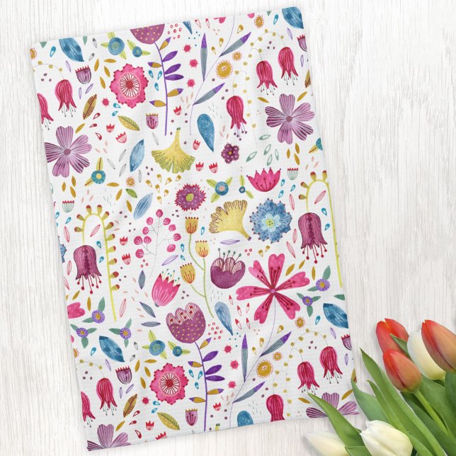 Watercolor Botanical Wildflower Hedgerow Painting Tea Towel (Watercolor wildflower tea towel)