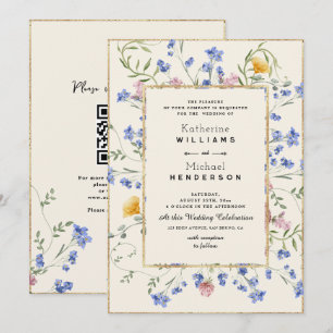 Watercolor Botanical Wildflower & QR Code Wedding Invitation