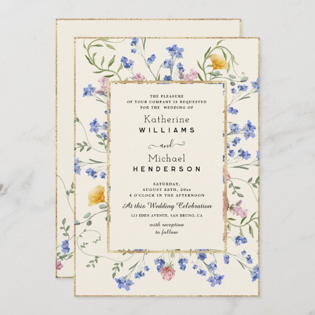 Watercolor Botanical Wildflower & QR Code Wedding Invitation (Front/Back)