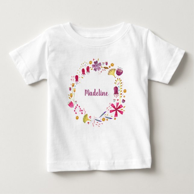 Watercolor Botanical Wildflower Wreath Custom Name Baby T-Shirt (Front)