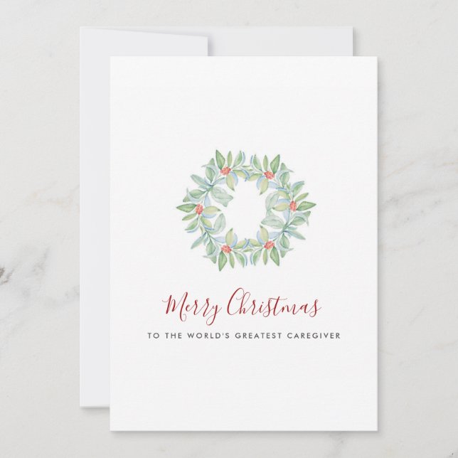 Watercolor Botanical Wreath and Berries Caregiver Holiday Card (Front)
