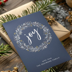 Watercolor Botanical Wreath Joy Blue Christmas Holiday Card