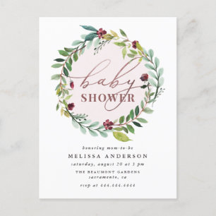Watercolor Botanical Wreath Rose Gold Baby Shower Invitation Postcard