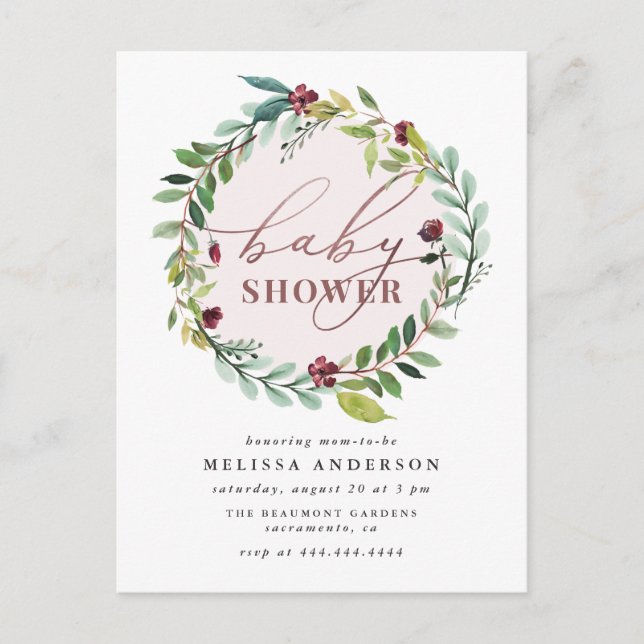 Watercolor Botanical Wreath Rose Gold Baby Shower Invitation Postcard (Front)
