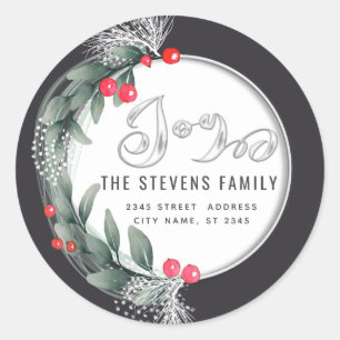 Watercolor  botanical wreath script joy winter classic round sticker